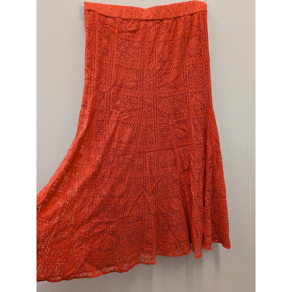 Women’s Orange Coral Crochet Lace Midi Skirt Size M Boho Floral Flowy